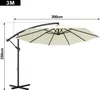 A beige cantilever umbrella with a black stand and frame, shown with dimensions indicated. Voir les images du produit