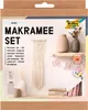 The image shows the packaging of a macrame set, with a lifestyle depiction of the finished products on the right side. Náhľad obrázku produktu