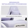 Collage showing close-ups of a purple gaming chair, highlighting embroidered logos and stitching. Podgląd zdjęcia produktu