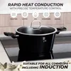 A black pot with a glass lid sits on a black induction stovetop, with icons and text describing its features. Náhľad obrázku produktu