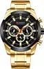 A close-up studio shot of a gold and black men's chronograph watch. Produktbild-Vorschau