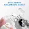 A close-up of a pet nail clipper with an LED light and digital display, being used on a white paw. Produktbild-Vorschau
