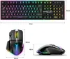 A gaming keyboard and mouse set with RGB lighting, shown with dimensions. Produktbild-Vorschau