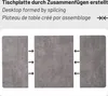 An illustration showing how three separate pieces of a tabletop are joined together. Produktbild-Vorschau