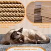 A cat is lying on a gray carpet, with close-ups of sisal rope and particle board above it. Text describes product features. Produktbild-Vorschau