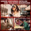 Collage of people using headphones in different settings: outdoors, on a plane, and in a library. Produktbild-Vorschau