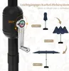 An instructional diagram showing how to operate a crank mechanism for an umbrella, with steps illustrated. Produktbild-Vorschau