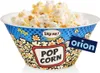 A bowl of popcorn with a colorful design and a tag. Produktbild-Vorschau