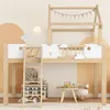 A children's loft bed with a house-like frame, decorated with a banner and cloud accents, set in a brightly lit room with a small table and chair. Anteprima dell’immagine prodotto