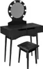 A black vanity table with a lighted mirror and a matching stool. Voir les images du produit