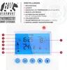 A close-up of a white digital thermostat with a blue screen displaying time, temperature, and icons, with accompanying text labels and numbered indicators pointing to different features. Náhľad obrázku produktu
