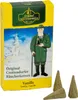Auf dem Bild ist eine gelbe Verpackung von Original Crottendorfer Räucherkerzen mit Vanilleduft zu sehen die einen Mann in traditioneller Kleidung vor einer winterlichen Kulisse zeigt und drei Räucherkerzen in Kegelform liegen davor Produktbild-Vorschau