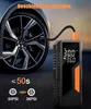 A portable air compressor is shown connected to a car tire, with text indicating its features and performance. Produktbild-Vorschau