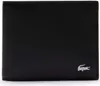 A black leather wallet with a silver Lacoste crocodile logo. Voir les images du produit