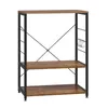 A three-tier shelving unit with a rustic wood grain finish and black metal frame. Produktbild-Vorschau