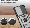 A phone case with a camera slider and ring holder, set against a desert landscape. Produktbild-Vorschau