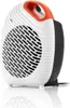 A white and orange portable fan heater is shown from a side angle on a white reflective surface. Produktbild-Vorschau