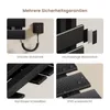 A collage of four images showcasing features of a black electric towel warmer. Náhľad obrázku produktu