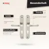 A product image showcasing door handles with descriptive text highlighting features and benefits. Produktbild-Vorschau