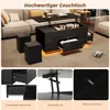 A modern living room scene featuring a black lift-top coffee table with storage, two black ottomans, and a sofa. The image is a collage with close-up views of the table's features. Anteprima dell’immagine prodotto
