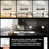 Collage showing different light temperatures and brightness levels of a ceiling lamp, with a close-up of a light switch and a remote control. Produktbild-Vorschau