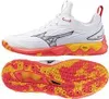 A side view and an underneath view of a white athletic shoe with red and yellow accents on the sole and midsole. Produktbild-Vorschau