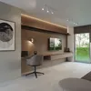 A modern living room with a desk, chair, and television. Produktbild-Vorschau