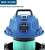 Close-up view of the top of a blue wet and dry vacuum cleaner, showing the HEPA filter and a power outlet. Produktbild-Vorschau