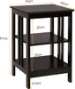 A dark brown, three-tiered side table with dimensions indicated by orange lines and text. Podgląd zdjęcia produktu
