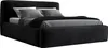A black upholstered bed with pillows and a blanket. Produktbild-Vorschau
