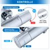 Close-up views of a chrome shower faucet, illustrating temperature and flow control features with German text labels and diagrams. Podgląd zdjęcia produktu