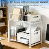 A two-tier white metal shelving unit with various office supplies and a printer on a wooden desk. Voir les images du produit