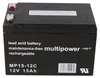 A black lead acid battery with white text and labels. Voir les images du produit