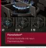A close-up view of a gas cooktop with flames, and a marketing text overlay. Produktbild-Vorschau