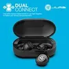 A pair of black wireless earbuds in an open charging case, with one earbud placed next to the case. Produktbild-Vorschau
