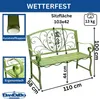 A green metal garden bench with dimensions and features highlighted. Podgląd zdjęcia produktu