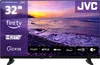 A JVC television displaying a sunset over a beach, with various app logos and product features listed on the screen. Produktbild-Vorschau