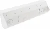 The back of a white, rectangular electrical outlet strip with multiple sockets and two USB ports. Produktbild-Vorschau
