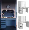 A collage of images showing a white vanity table with LED lighting and drawers, both in a room setting and as a standalone product. Anteprima dell’immagine prodotto