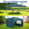 Two images of a teal pop-up gazebo in different settings. The top image shows it in a garden with a table and chairs. The bottom image shows it in a park with a city skyline in the background. Produktbild-Vorschau