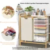 A laundry basket with two compartments and shelves displaying folded clothes and toiletries. Voir les images du produit