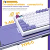 A close-up view of a keyboard with text overlays highlighting its features. Produktbild-Vorschau