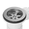 A close-up view of a sink drain with a metal grate and a black rubber seal, attached to a white plastic pipe. Náhled obrázku produktu