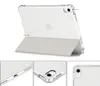 A collage of images showing a transparent tablet case with a built-in stand, displaying different angles and details. Anteprima dell’immagine prodotto