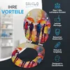 A toilet seat with an artistic print of people with umbrellas walking in the rain, presented with marketing text highlighting product benefits. Produktbild-Vorschau