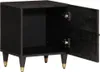 A black wooden nightstand with its door open, showing the interior. It has four legs with gold accents. Náhled obrázku produktu