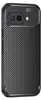 A black carbon fiber textured phone case with a camera cutout on a black background. Produktbild-Vorschau