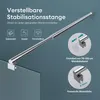 A chrome stabilization rod is shown attached to a glass panel, with diagrams illustrating its adjustability and compatibility with glass thickness. Produktbild-Vorschau