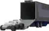 A toy truck with a trailer and a smaller vehicle on a ramp. Produktbild-Vorschau