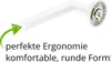 A white door handle with a green arrow pointing to its end, and text describing its features. Produktbild-Vorschau